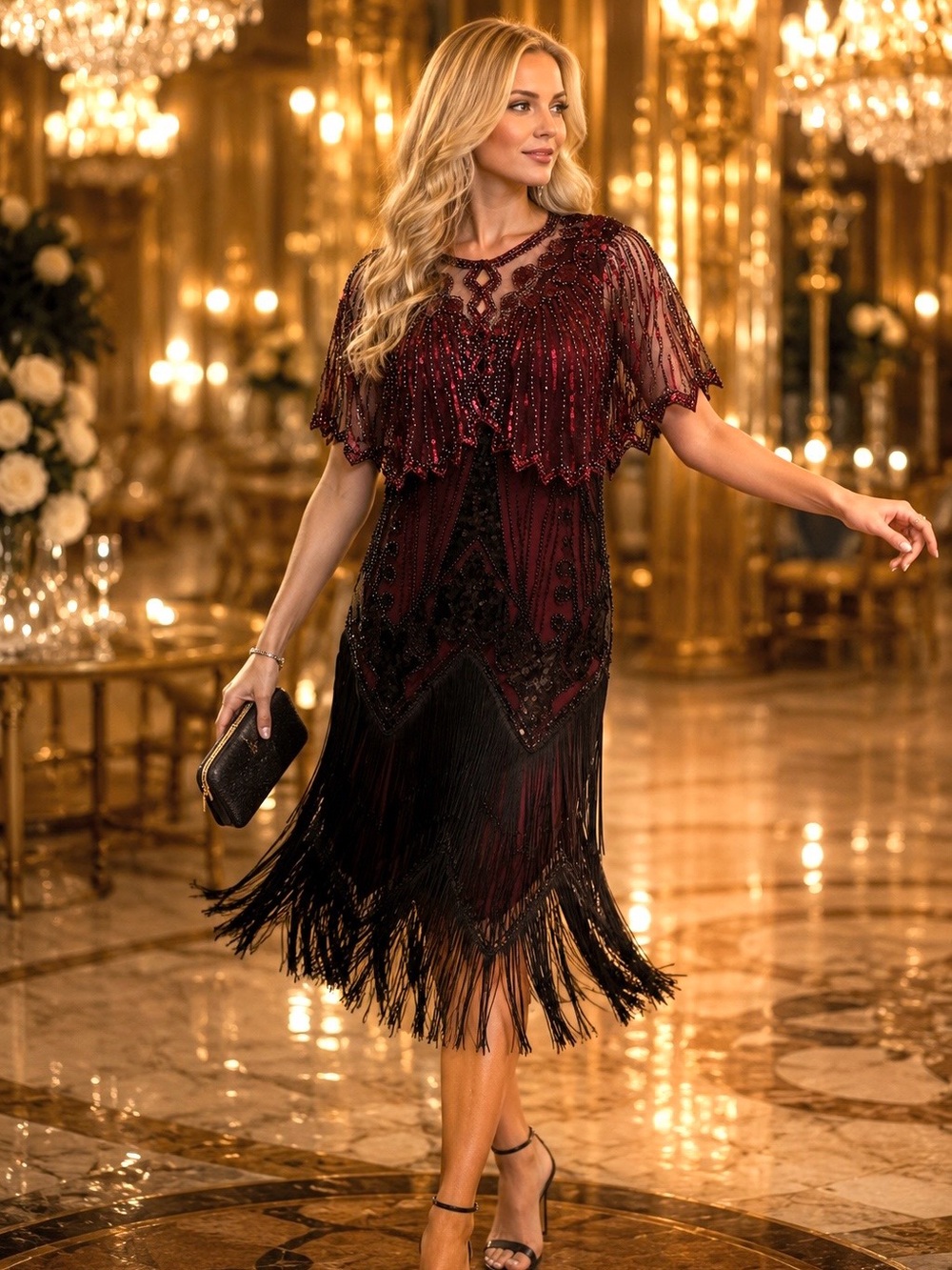 Beaded Fringe Cocktail Dress in Deep Burgundy size L